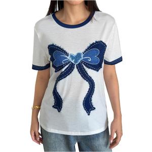 RoseSeek Women's Graphic Cherry Bow Tees Casual Letter Print Round Neck T Shirt Summer Short Sleeve Trendy Tops (White, S)