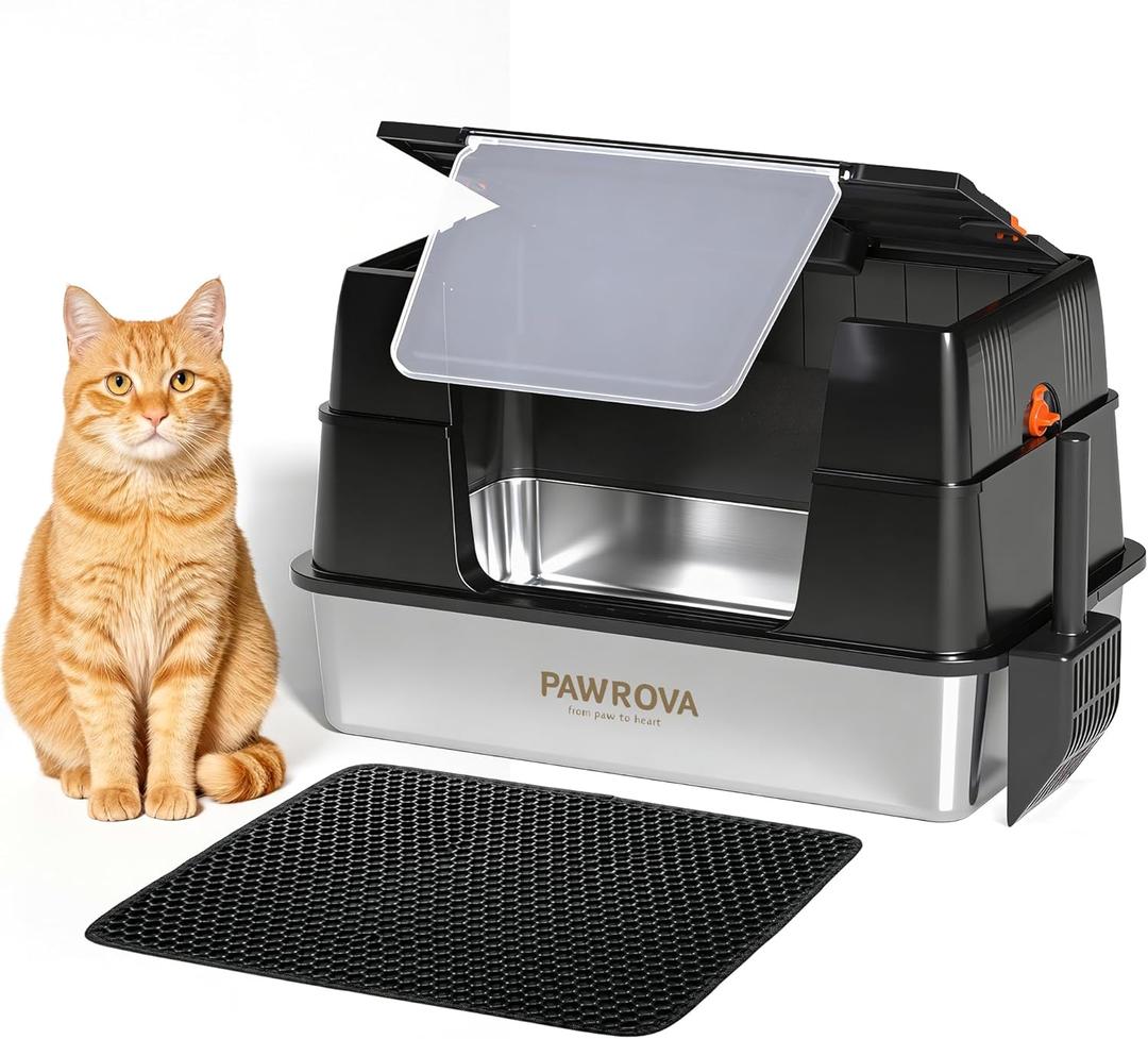 Stainless Steel Litter Box with Lid, Easy Clean, XL Metal Litter Box for Big Cats, Premium 304 Stainless Steel, Leak-Proof Enclosed High Sides, Odor Resistant & Flip-Up Lid with Scoop & Mat (Black)