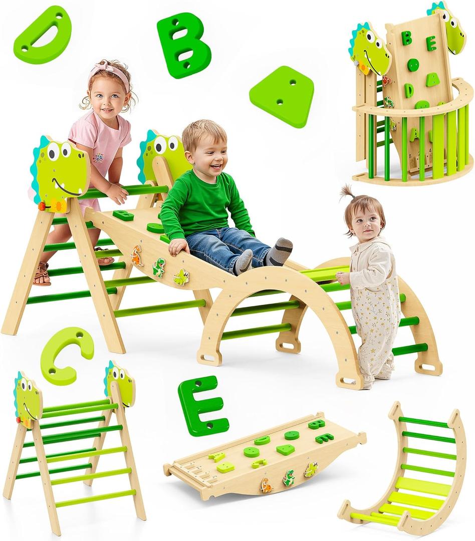 Pikler Triangle Set, 11-in-1 Montessori Climbing Toy for Toddlers, Foldable Wooden Indoor Jungle Gym & Playground Climber for Learning and Motor Skills (18 Months7 Years) (Dinosaur)