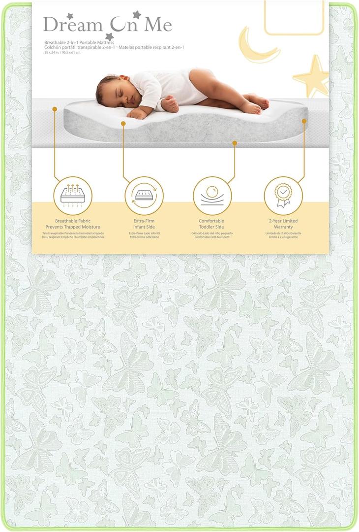 Dream On Me 2-in-1 Breathable Dual-Sided 3” Portable/Mini Crib Mattress – Waterproof Vinyl Cover, Firm Fiber Core, Promotes Airflow, GREENGUARD Gold Certified, Fits Standard Mini & Portable Cribs, 1 Count