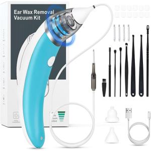 Ear Vacuum Ear Wax Removal Kit with 5 Levels Strong Suction, USB Rechargeable Reusable Electric Ear Suction Vacuum Tool for Adults and Kids (Blue)