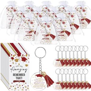 Inbagi 100 Sets Graduation Gifts Bulk Tassel Keychains with Inspirational Cards for Graduation Party Gift (Red)