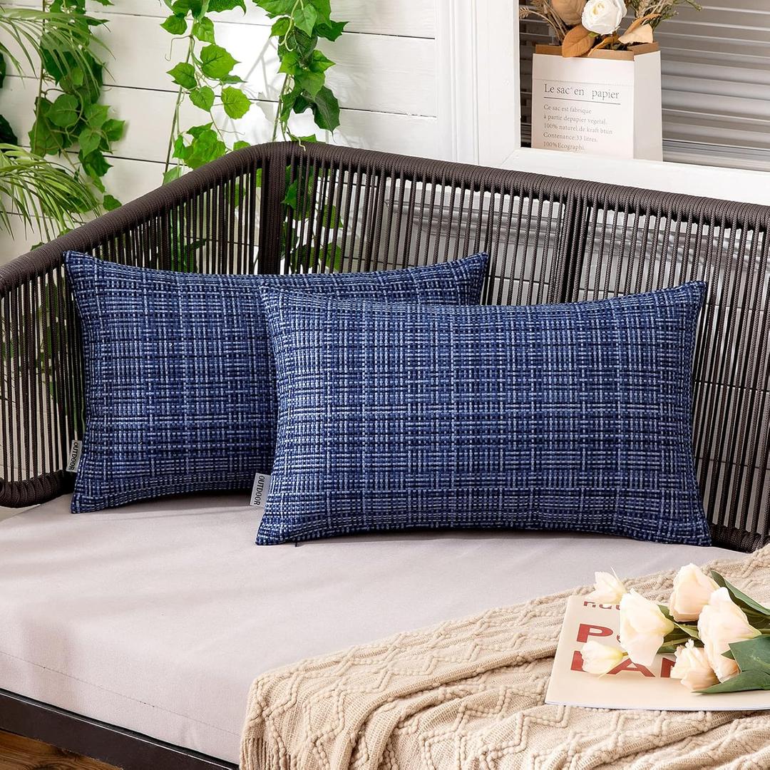 2 x MIULEE Outdoor Waterproof Throw Pillow Covers Decorative Farmhouse Water Resistant Cushion Covers for Tent Patio Garden Couch Sofa Pack of 2, 12x20 Inch Navy Blue