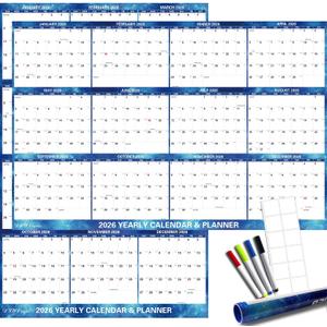 32" x 48" 2026 Wall Calendar Dry Erase - Large Starry Sky Calendar Wet & Dry Erasable Laminated 12 Month Annual Yearly Planner, Reversible, Horizontal/Vertical, Blue, (Set Of 5)