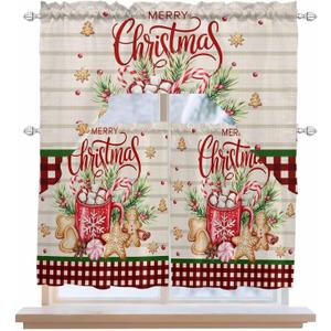 Swag Valances for Kitchen 3PCS, Christmas Hot Cocoa Cotton Candy Gingerbread Man Pole Pocket 1 Swag Valance and 2 Tiers Small Windows Treatment Curtain Panel Set for Cafe Bathroom Dining Room