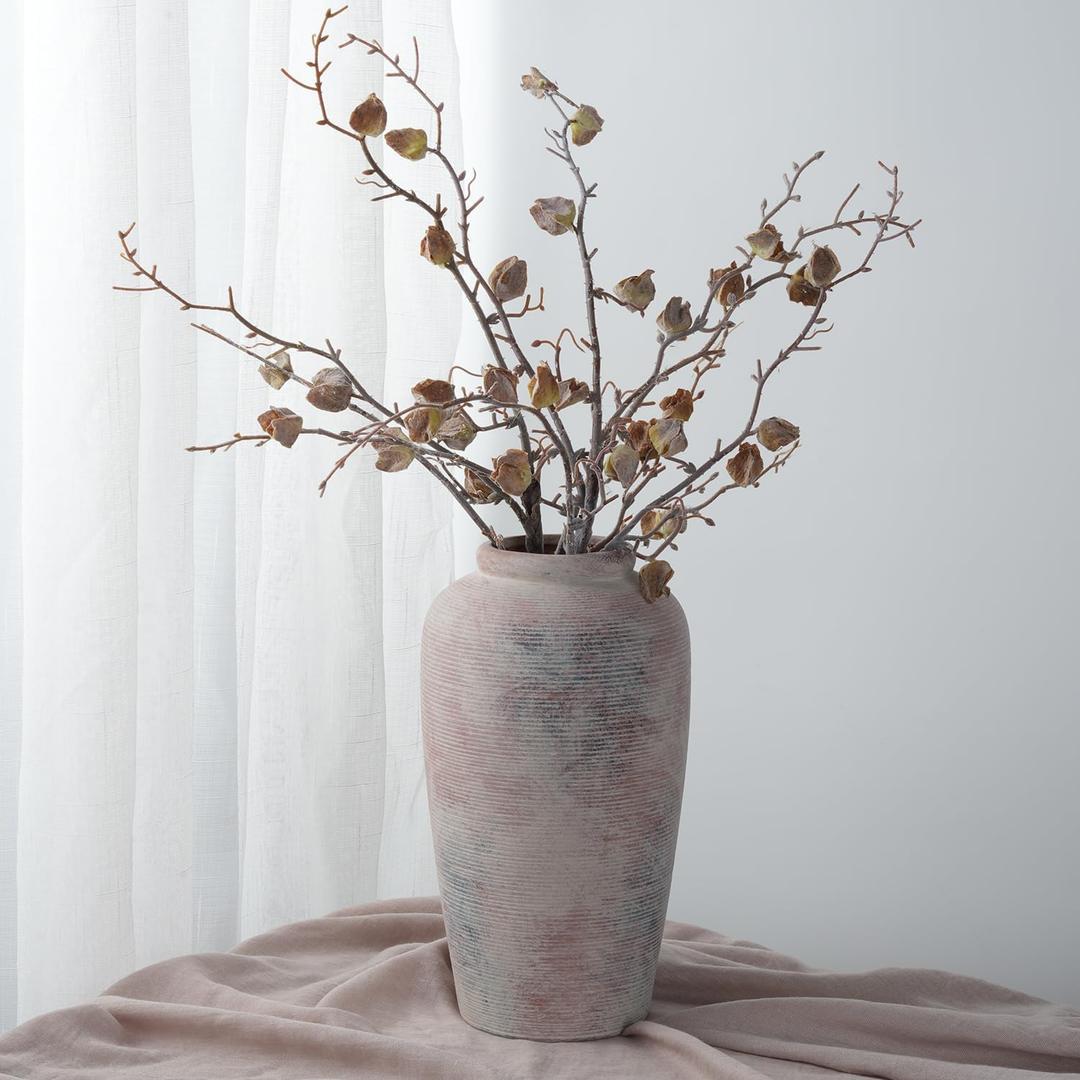 Large Rustic Ceramic Vase, 11 Inch Farmhouse Decorative Vases for Home Decor, Vintage Tall Flower Vase for Dining Table Centerpiece Living Room Kitchen Fireplace Mantle Bookshelf, Wabi Sabi Decoration