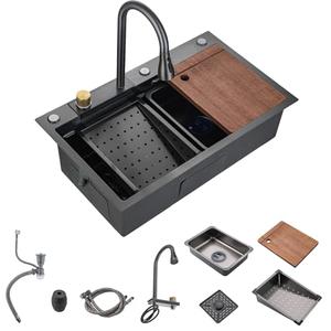 30"Kitchen Sink with Faucet Combo Waterfall Black Stainless Steel Waterfall Sink Kitchen Countertop Multi-Functional Sinks Farmhouse Undermount or Countertop Drop in