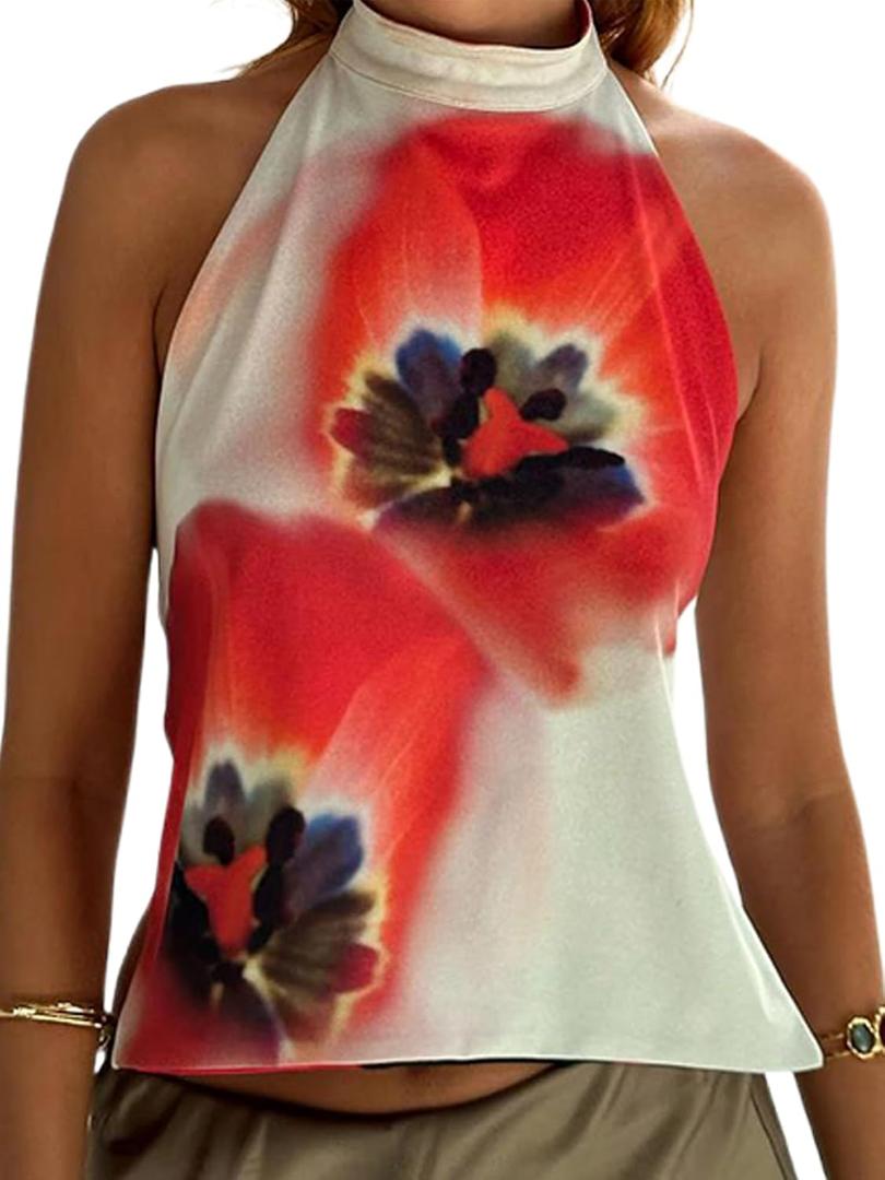 Sunloudy Women Halter Mock Neck Tank Tops Sleeveless Backless Floral Print Top Trendy Open Back Going Out Camisole(Ivory,Small) (S)