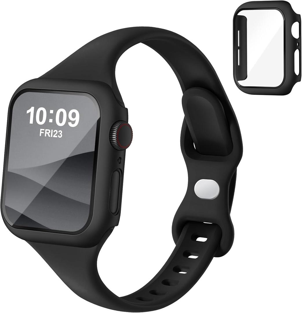 Thin Slim Band and Case Compatible for Apple Watch Bands Women Men 40mm 44mm 42mm 46mm 41mm 45mm, Silicone Sport Strap Cover and Screen Protector for iWatch Series 11/10/9/8/7/6/5/4/SE 3 (Black)