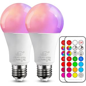 ILC Color Changing LED Light Bulbs, 70W Equivalent, 2700K Warm White A19 E26 Screw Edison Base RGBW Dimmable - 12 Color Choices - Timing Infrared Remote Control Included (2 Pack)