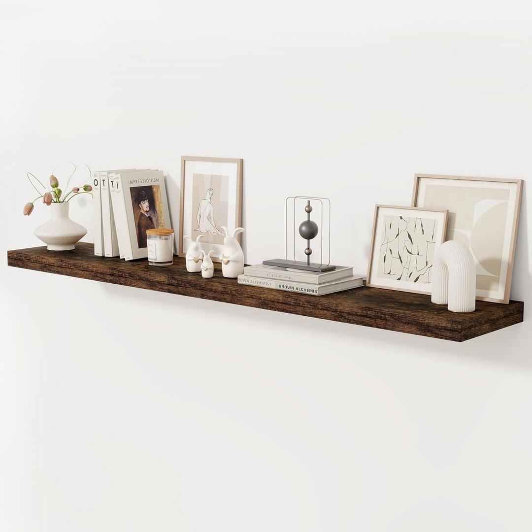 Fun Memories 12" Deep Floating Shelves, 2" Thick Rustic Wood Shelves, Brown Wall Shelves for Living Room Bedroom Bathroom Kitchen Laundry Room, 72" L Set of 1