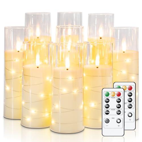 Raycare Flameless Candle with Remote Timer – 9 Flickering Acrylic Battery Operated LED Pillar Candles with Embedded Star String for Valentine's Day, Home Decor, and as a Gift (Ivory)