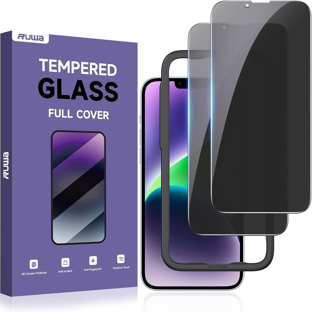 Ruwa Privacy Screen Protector for iPhone 13/13 Pro/14/16e [2Pack][6.1 Inch] Display Tempered Glass Film with Easy Installation Frame, Ultra HD, 9H Hardness, Scratch Resistant, Case Friendly