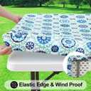 Smiry Rectangle Table Cloth Cover, Waterproof Elastic Fitted Picnic Tablecloth for 5 Foot Tables, Wipeable Flannel Backed Vinyl Tablecloths for Camping, Dining, Outdoor (Navy & Green, 30" x 60")