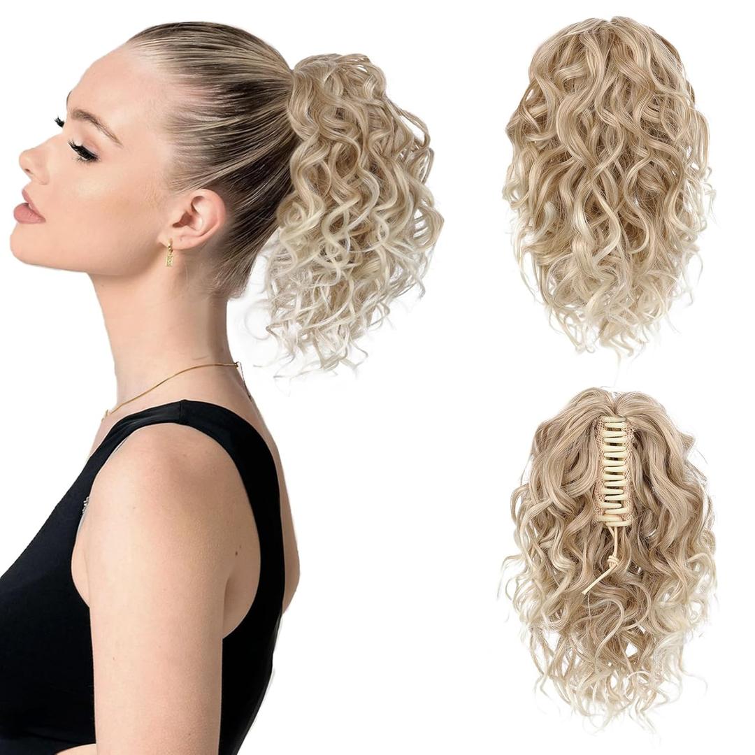 Flufymooz Ponytail Extension, 12" Short Claw Ponytail Extension Wavy Curly Jaw Clip in Pony tails Hair Extension Natural Synthetic Hairpiece for Women(Dark Blonde to Light Blonde)