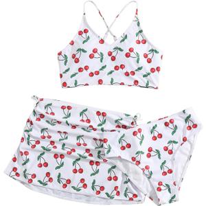 Floerns Girl's 3 Piece Swimsuit Cherry Print Cute Bikini Set with Cover Up Skirt (White Multi)