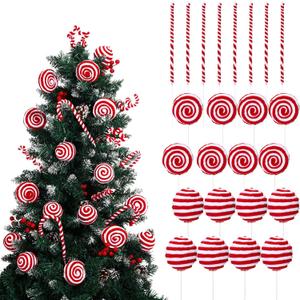 Yerliker 24 Pcs Candy Cane Christmas Tree Decorations, Fluff Christmas Ornaments Peppermint Lollipop Balls Curly Picks for Home Wreath Table Vase Mantel Decor(Red, White,Large)