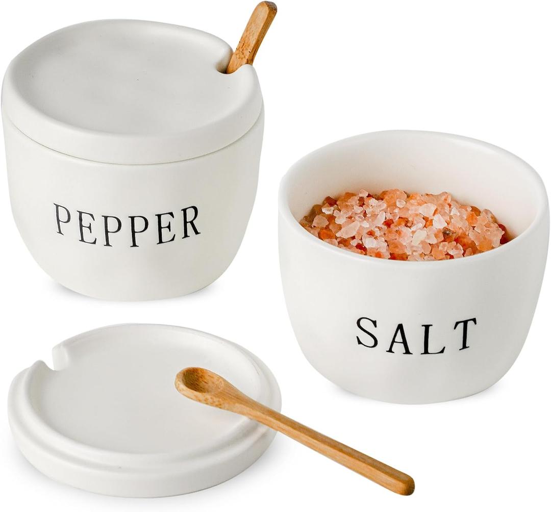 2 Pack Salt and Pepper Bowls Set, Ceramic Salt and Pepper Containers with Lid and Spoon, White Salt Pepper Holder Set, Salt Box Dish with Lid