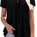 BETTE BOUTIK Womens Summer Tops Corded Short Sleeve Tunic Shirts Pleated Crewneck Corded Tops Blouses  (Black, M)