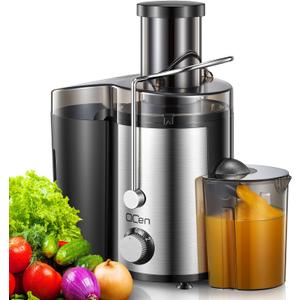 Qcen Juicer Machine, 800W Centrifugal Juicer Extractor with Wide Mouth 3 Feed Chute for Fruit Vegetable, Easy to Clean, Stainless Steel, BPA-free (Black)