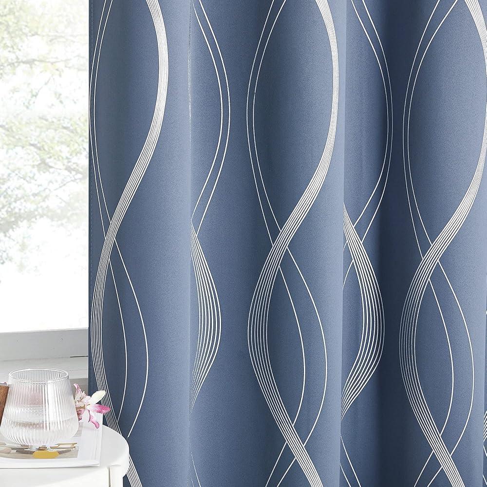 NICETOWN Stone Blue Floral Curtains Blackout 84 inch Length for Bedroom Living Room, Thermal Insulated Grommet Room Darkening Pattern Drapes for Boys Kids Mans Home Decoration (2 Panels, 52 by 84)
