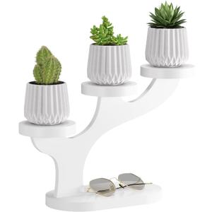 Bamboo Tabletop Plant Stand Indoor, 3 Tier Wood Desktop Small Plant Shelf Window Sill Flower Holder Mini Tiered Plant Display Rack for Patio Balcony Living Room Decor (White)