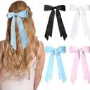 Pack of 2 4PCS Hair Bows Hair Clips, RSWETE Stain Bow Hair Ribbon for Women Girls French Barrette Ponytail Bow Clip Hair Accessories Elegant Cute (White & Black & Pink & Blue)