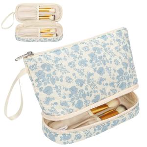 Ethereal Small Makeup Bag, 2 Layers Travel Make up Organizer Bag with Makeup Brush Holder, Portable Cosmetic Bag for Women/Girls, Blue Flower (Small (Pack of 1))