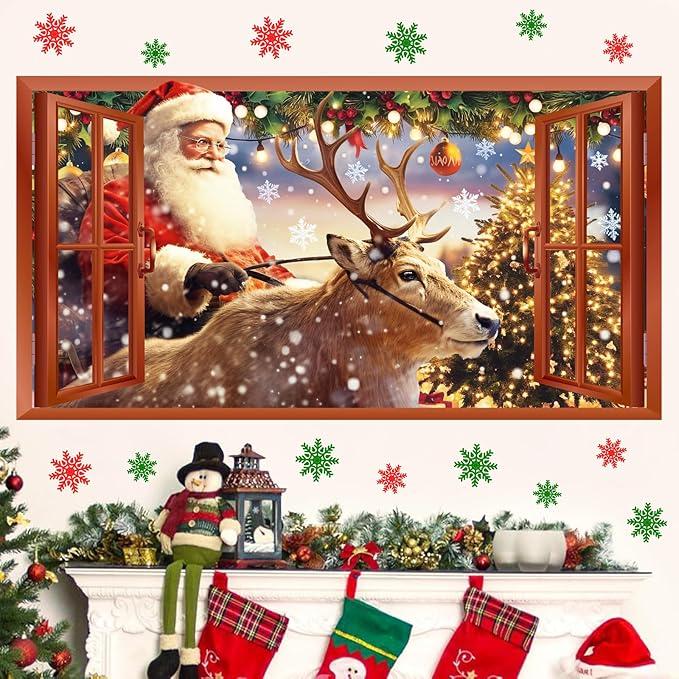 Merry Christmas Wall Decals Removable Santa Claus Reindeer Art Murals for Christmas Home Indoor Outdoor Decoration Fake Window Winter Wall Decal Xmas Vinyl Sticker for Farmhouse Holiday Party Supplies