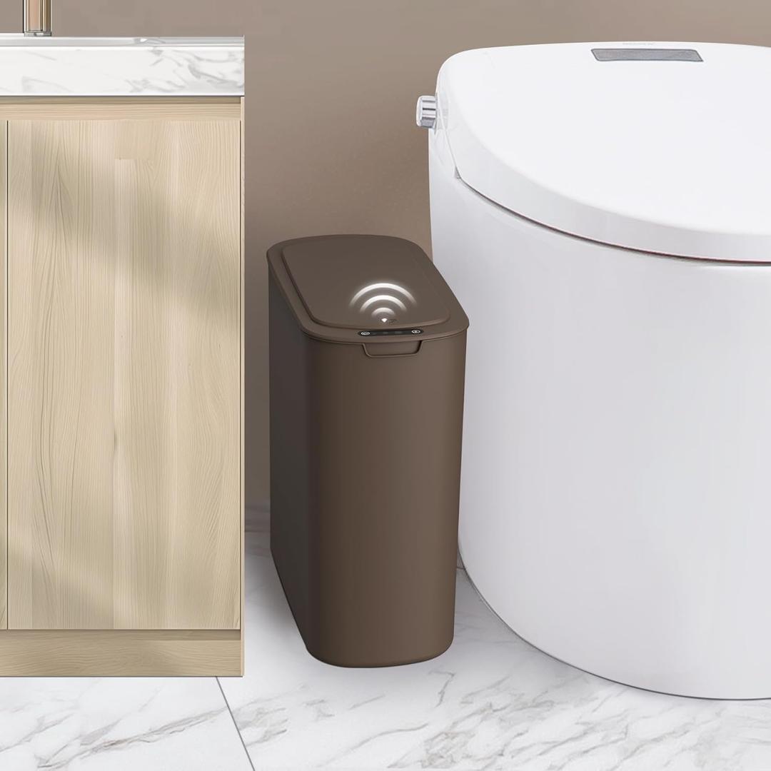Cesun Automatic Motion Sensor Bathroom Trash Can with Lid, 2.6 Gallon Touchless Trash Bin, Smart Plastic Slim Garbage Can Small Brown Wastebasket for Toilet, Office, Rv, Bedroom, Living Room