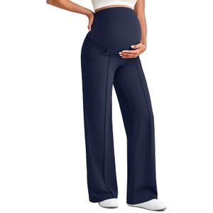 G4Free EverGoing Maternity Dress Yoga Pants with Pockets Over The Belly Stretchy Work Slack Pregnancy Wide Leg Trousers (Blue, M)