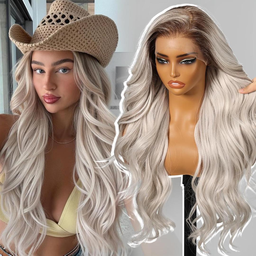 KOME Platinum Blonde Synthetic Lace Front Wig,13×6 Curly Meshless Glueless Wigs for Women Daily Use 26IN（#TT6/4603）