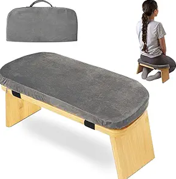 Bamboo Folding Meditation Bench with Velvet Cushion & Carry Bag Portable Kneeling Stool Comfortable Prayer Bench for Mindfulness, Zen Practice