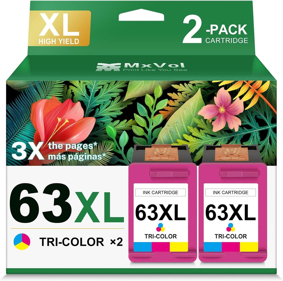 63XL Ink Cartridge Replacement for HP Ink 63 XL HP63 High Yield Ink Compatible for HP Deskjet 1112 3637 3630 2130 Officejet 4650 3830 5200 5255 5258 Envy 4520 4510 2-Pack Color