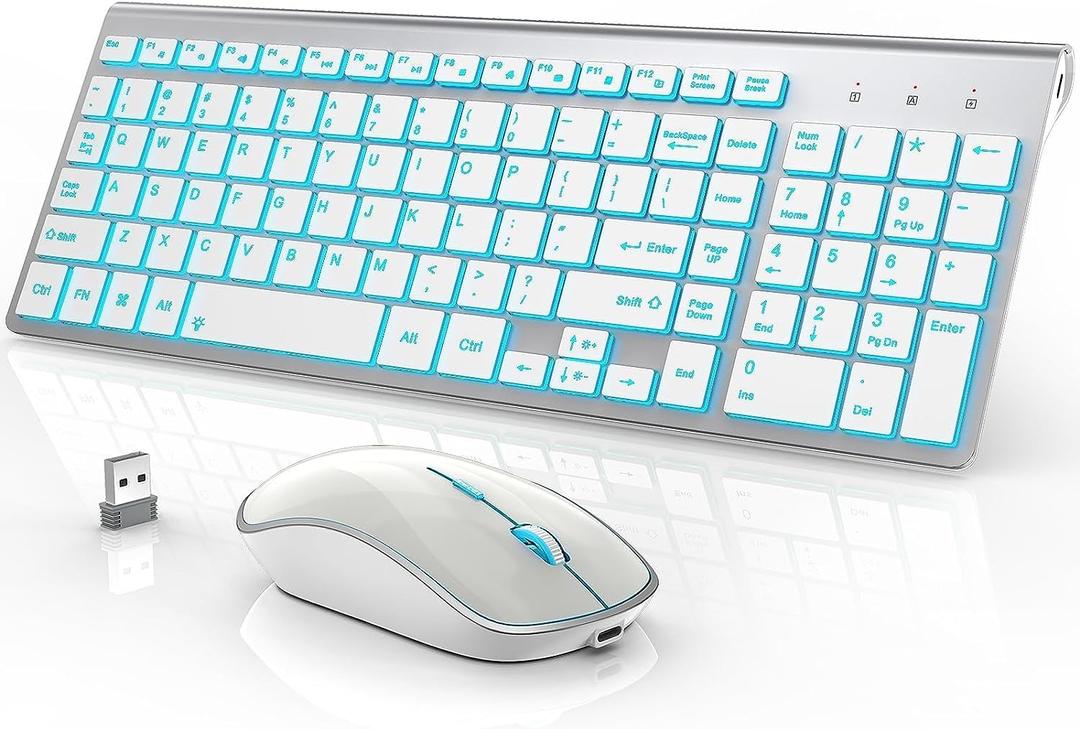 J JOYACCESS Wireless Keyboard and Mouse Combo with 7 Backlit Options,Quiet Light Up Keys,Type-C Rechargeable,Sleep Mode-2.4G Slient Portable Cordless Combo for Laptop/PC/Computer/Mac(White+Sliver)