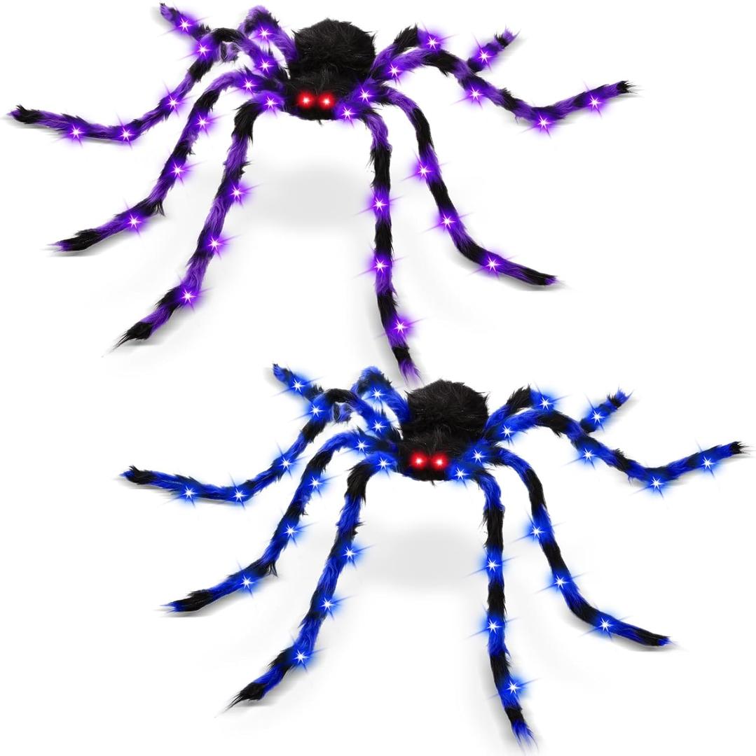 2 Pack 50" Halloween Light Up Spiders, Giant Hairy Spider Decorations with Blue and Purple LED Lights, Scary Indoor Outdoor Halloween Decor for Yard Porch Tree Party Haunted House