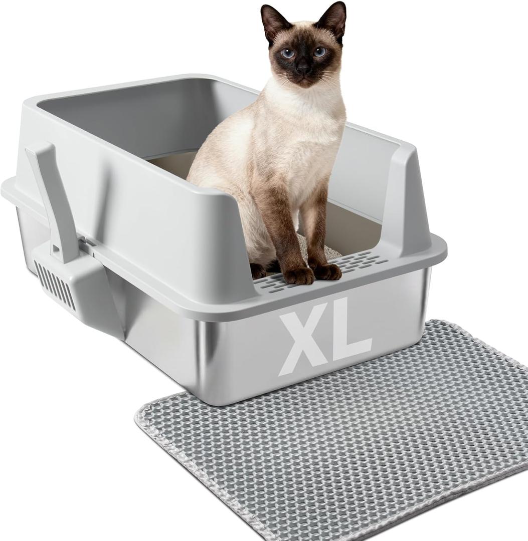 Stainless Steel Litter Box with Lid L to XL, XLarge Metal Litter Box for Big Cats, High-Sided Cat Litter Boxes for Anti Urine Splash, Odor Control, Non-Stick & Easy to Clean, Includes Scoop and Mat (Extra Large (23" x 14.6" x 10.2") with Lid)