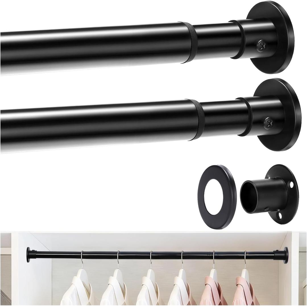 Closet Rods for Hanging Clothes, 18 to 63 Adjustable Closet Rod, Heavy Duty Closet Rod with Stainless Steel, Hanging Closet Rod for Laundry Rooms, RVs, Wardrobes, Black, 2PC