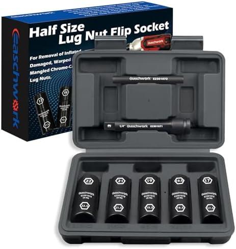 7Pc Half Size Lug Nut Socket Set 1/2” Drive Thin Wall Impact Flip Socket Set With Knockout Bar For Removal of Inflated, Damaged, Warped and Mangled Lug Nuts