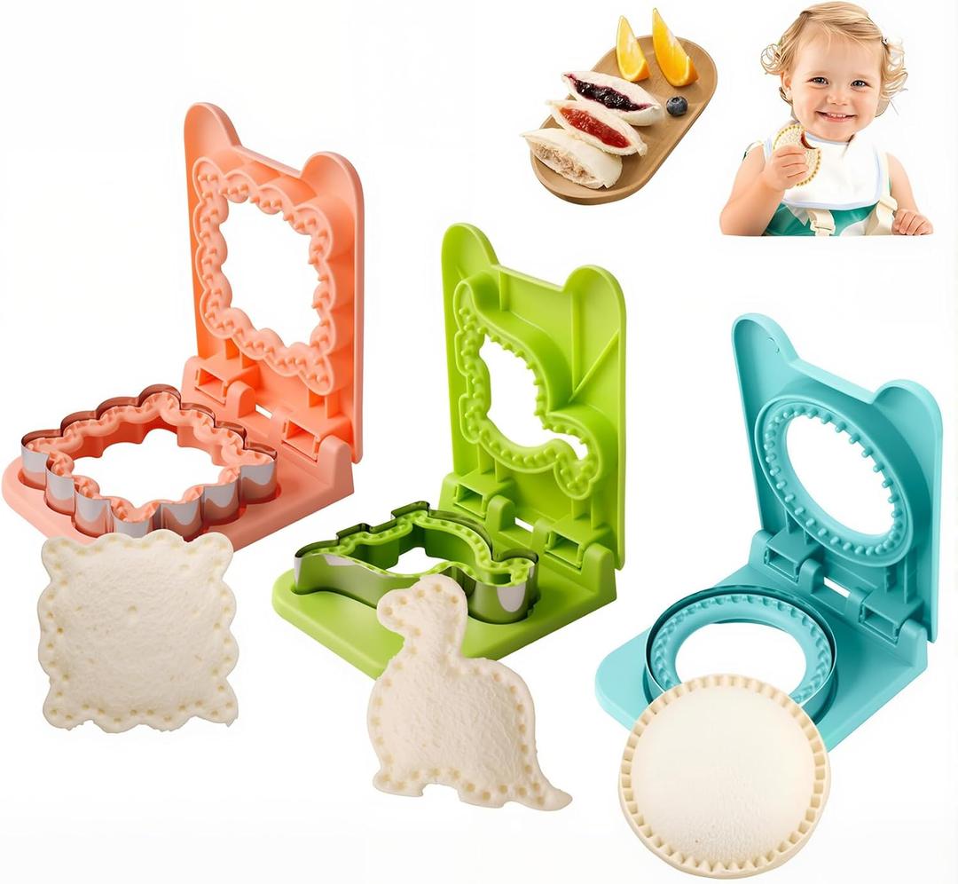 Sandwich Cutter and Sealer Set - 3Pcs Stainless Steel Crustless Sandwich Makers for Kids Lunch & Breakfast, Cookie Cutters with Dinosaur/Lace Wave/Circle Shapes, Perfect for Childrens Bento Box (Green+Orange+Blue)