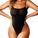Kaei&Shi Mesh Bodysuit For Women, Spaghetti Strap Backless High Cut Sexy Body Suit, One Piece Sheer Top Rave Outfits Club Date, Black, Medium