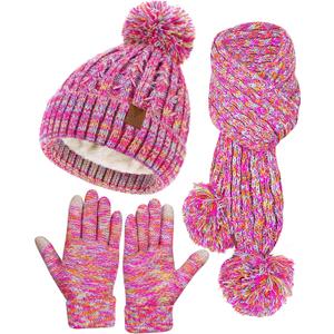 2 x Kids Winter Hat Gloves Scarf Set, Girls Boys Toddler Winter Hat Beanie Pom Knitted Scarves Mittens Fleece Lined Age 5-12