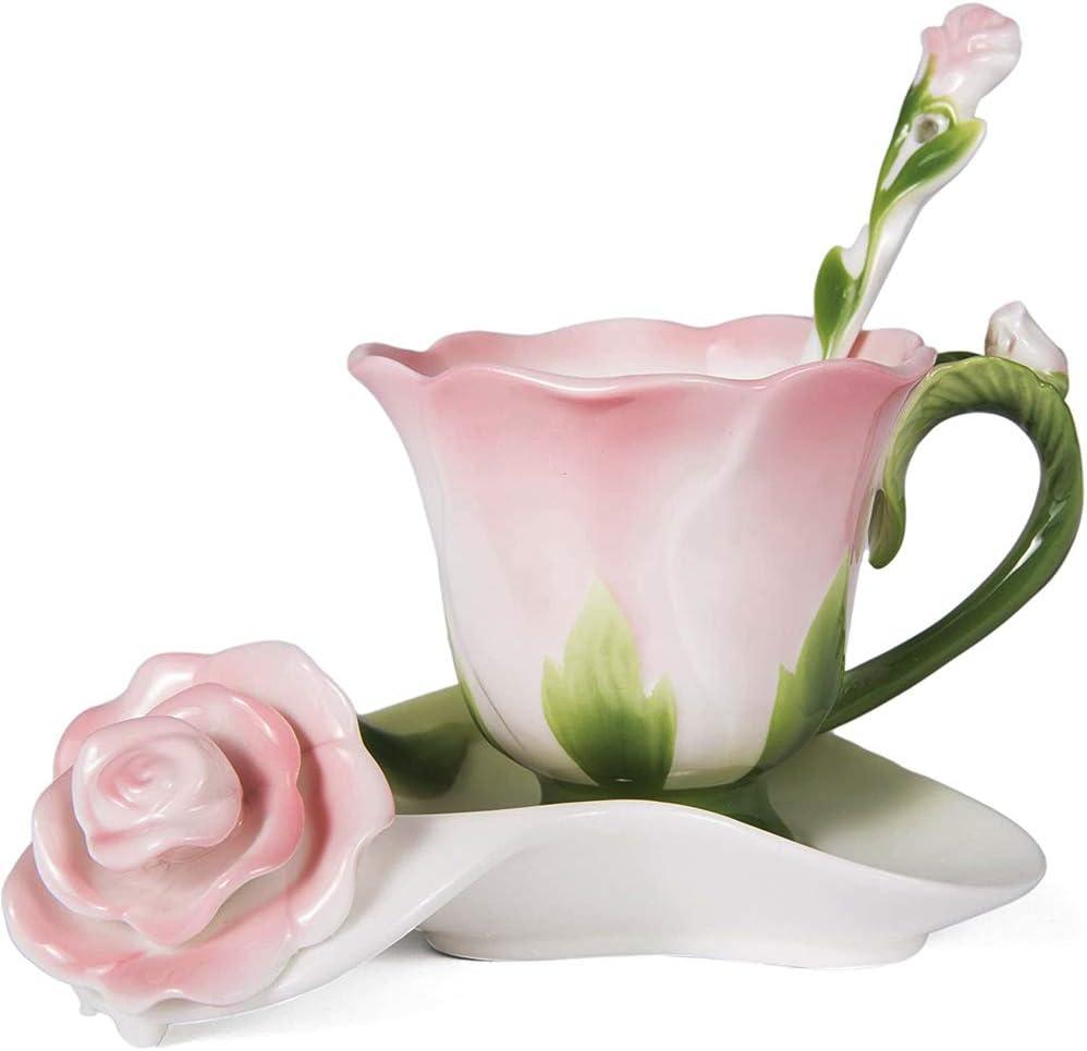 ONEUSTAR Pink Tea Cup and Saucer Set for 1 Ceramic Hand Crafted Rose Flower Coffee Cup for Mother's Day Thanksgiving Wedding Birthday Gift for Women, 6 Oz