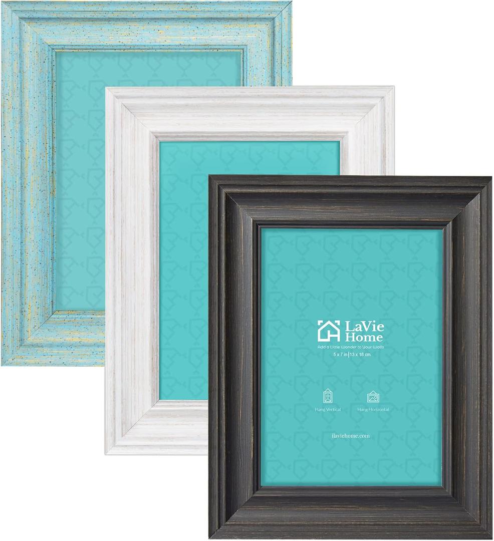 LaVie Home 5x7 Picture Frames (3 Pack, Assorted Colors) Rustic Wood Grain Photo Frame Set with High Definition Glass for Wall Mount & Table Top Display (White&Black&Teal)