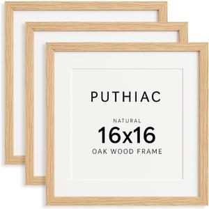 puthiac 16x16 Solid Oak Wood Picture Frame, Fits 12x12 with Mat or 16x16 Without Mat, Wall Display Only, Plexi Front, 3 Pack, Natural Oak