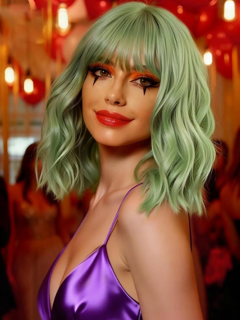 Mairead Mint Green Wig With Bangs Short Wavy Curly Bob Wig With Bangs Short Light green Wigs For Women Synthetic Heat Resistant Wigs for Halloween Costumes Cosplay Daily(Mint green) (Body)
