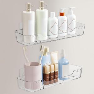 Shower Caddy Adhesive, 2 Pack Clear Acrylic Shower Organizer Bathroom Shelf with Hooks, No Drilling Wall Mounted Waterproof Rustproof Shower Rack for Bathroom Shampoo