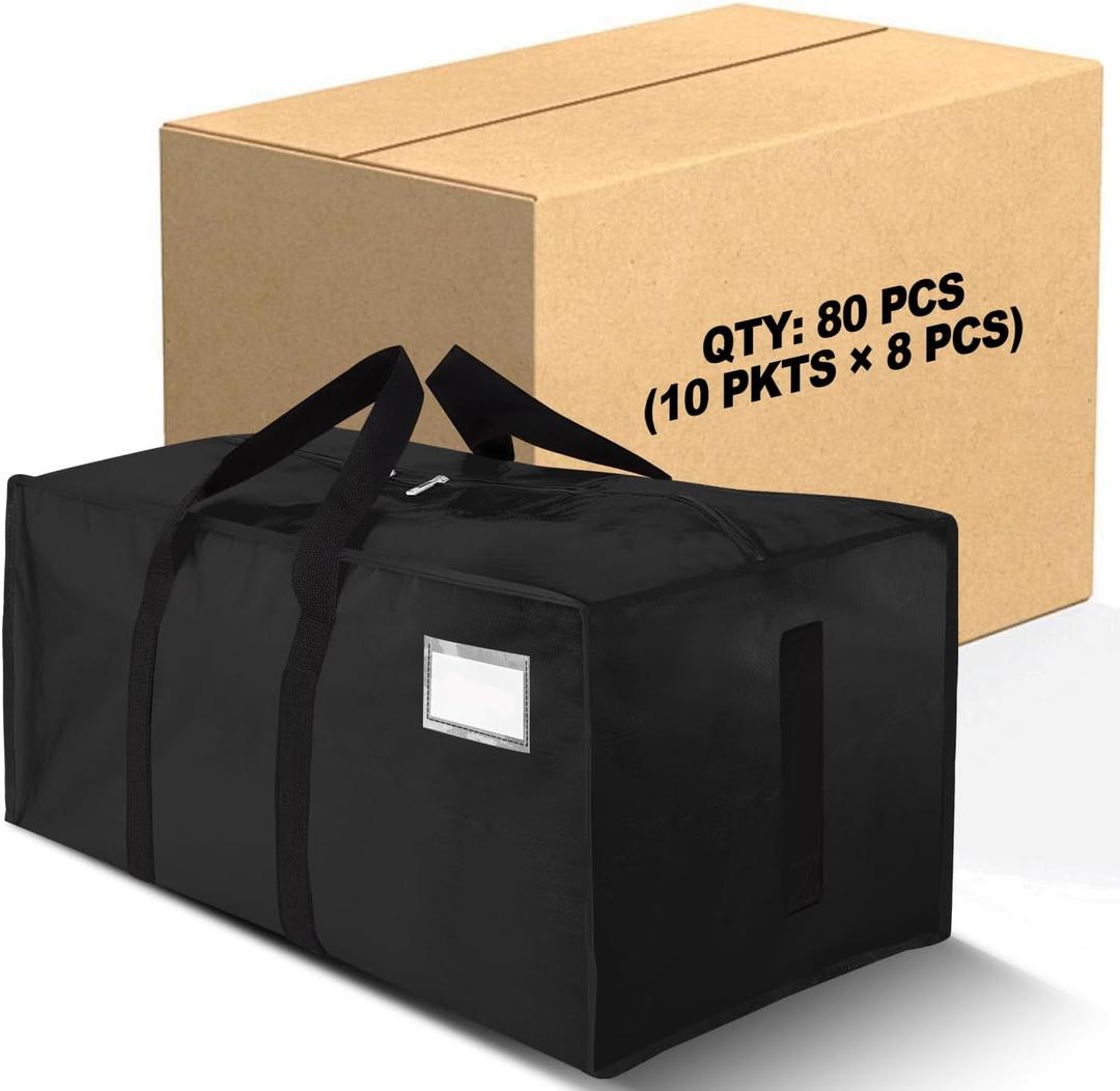 80 Pack Large Strong Moving Bags with Zippers & Carrying Handles - Water-Resistant - Heavy Duty Storage Tote for Space Saving, Fold Flat, Alternative to Moving Box (Black)