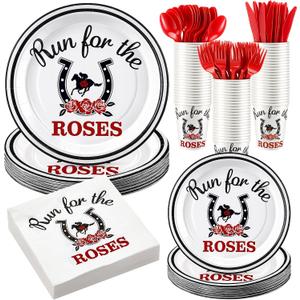200 Pcs Derby Party Supplies for 25 Guests, Disposable Derby Plates and Napkins Run for The Roses Tableware Set for Horse Racing Theme Party Decoration