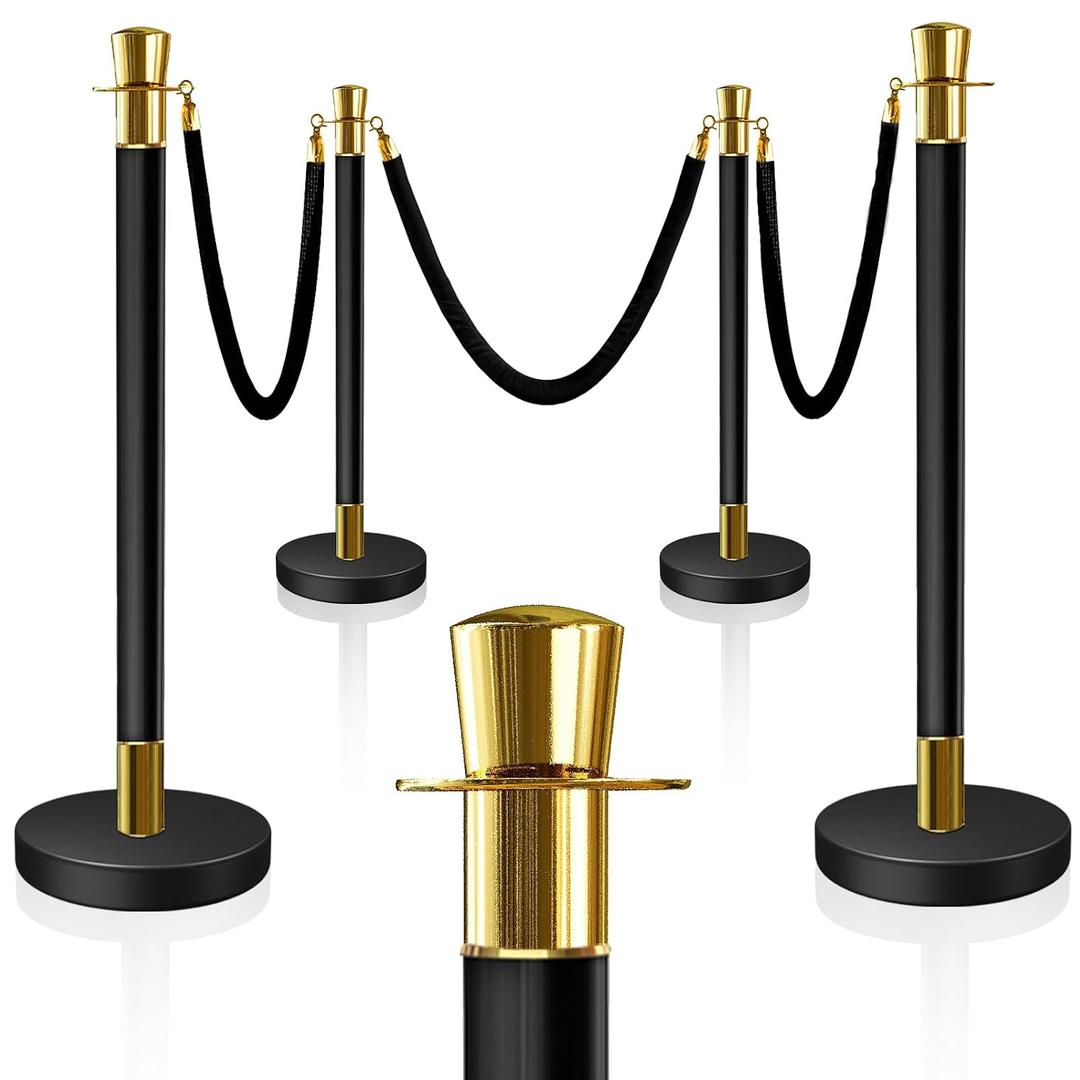 4PCS Top Crown Decoration Black-Gold Stanchions Posts with 3PCS 5 ft Black Velvet Rope, Red Velvet Rope Stanchion Set Crowd Control Barriers, Stanchions and Velvet Ropes Red Carpet Poles for Party